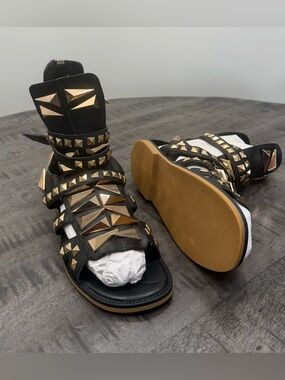 Black Studded Gladiator Sandals with Gold Pyramid Accents